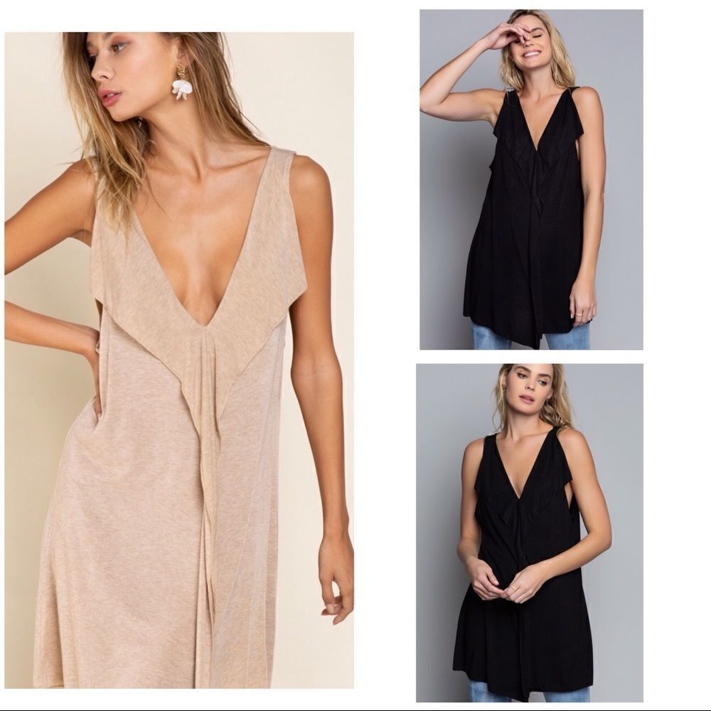 𝅺POL Ruffled V- Neck Tunic Dress In Black